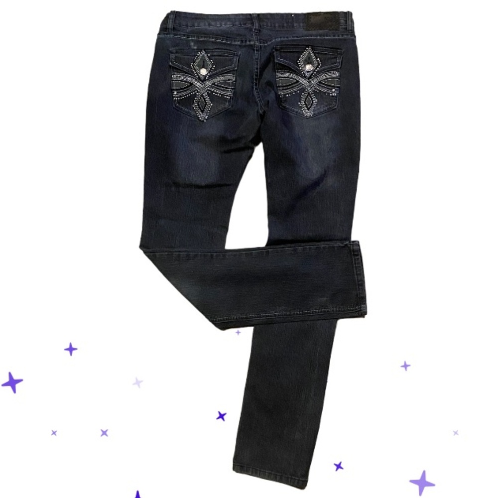 KLIP gemstone flap pocket embroidered dark wash straight jeans 13